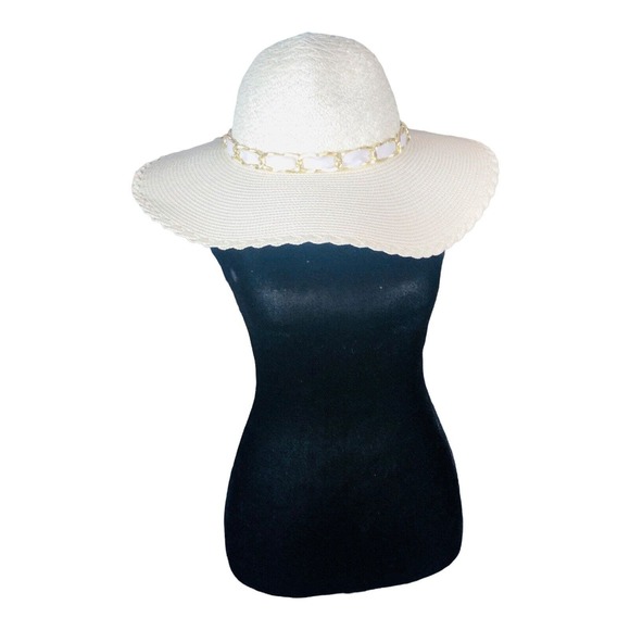 8993 Marcus Adler white Packable Floppy Sun Hat Beach o/s scarf trim wide brim - Picture 1 of 4